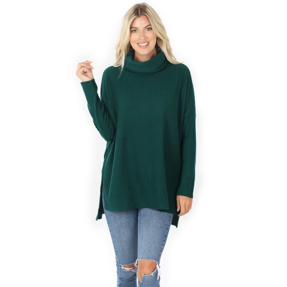 Deep Green Brushed Thermal Waffle Cowl Sweater